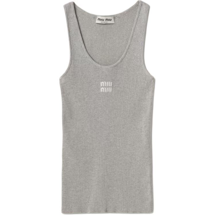 (Women) MIU MIU SS24  Gray Slim-Fit Sleeveless Tank Top with Logo. MMV186-14HI-F0OA3