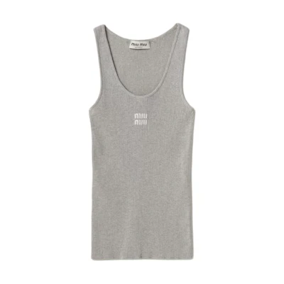 (Women) MIU MIU SS24 Gray Slim-Fit Sleeveless Tank Top with Logo. MMV186-14HI-F0OA3