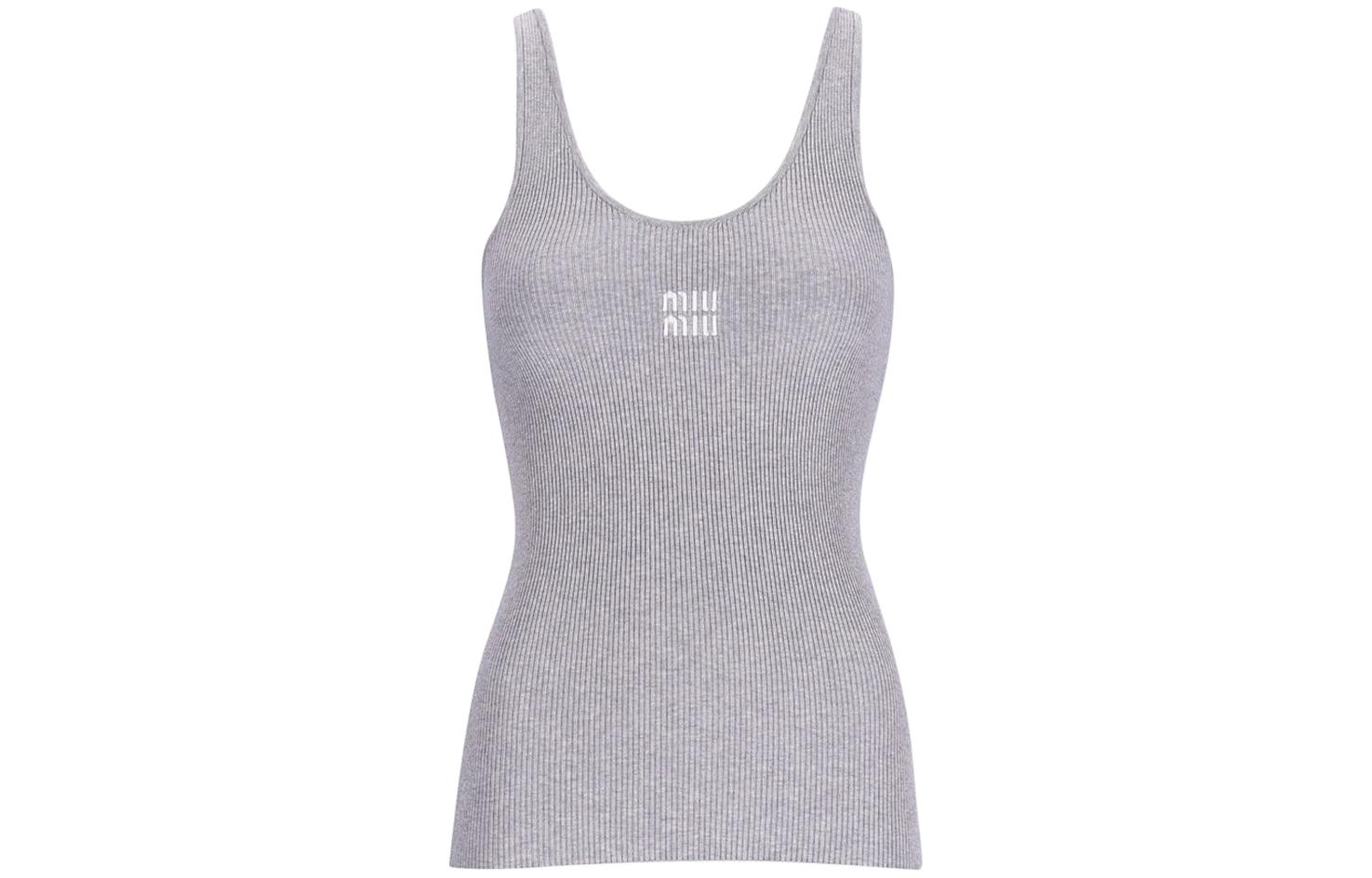 Order (W) MIU MIU SS24 Tank Top Kelabu Slim-Fit Tanpa Lengan dengan Logo. MMV186-14HI-F0OA3