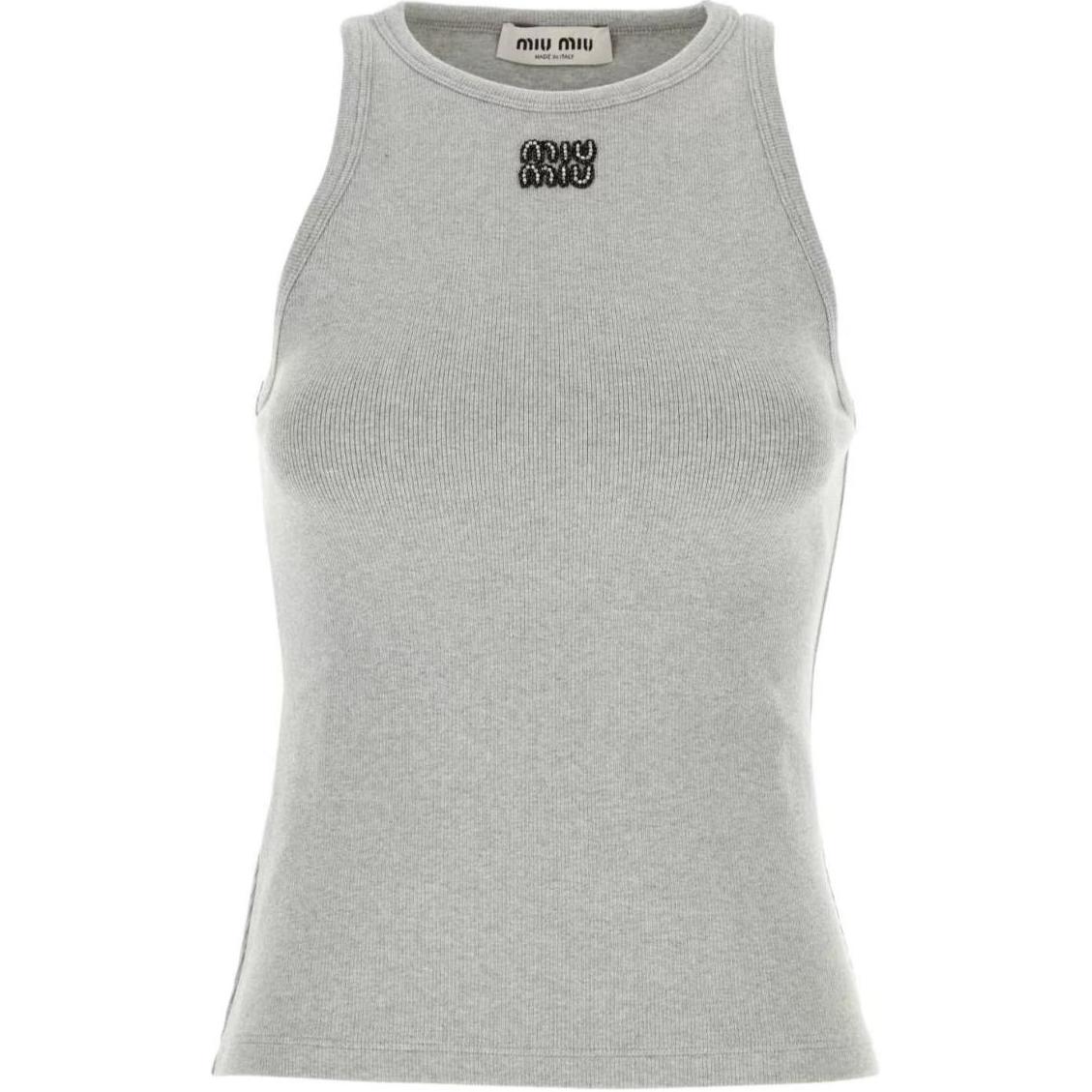 (Women) MIU MIU SS24  Grey Letter Intarsia Crewneck Sleeveless Sweater. MJT678-15NL-F0031-SOOO
