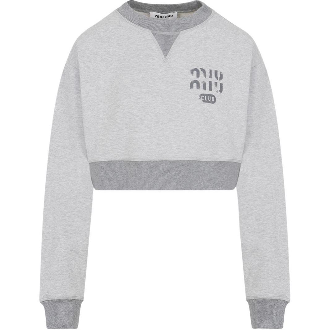 (Women) MIU MIU SS24  Grey Logo Printed Cropped Crewneck Long Sleeve Sweatshirt MJL779-14EJ-F0031-S-OOO