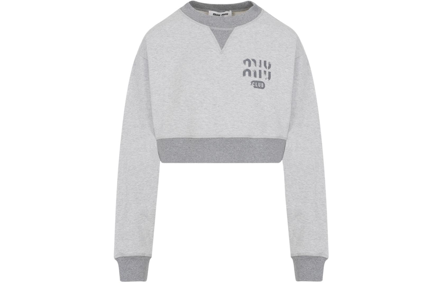 Order (W) MIU MIU SS24 灰色标志印花短款长袖圆领卫衣 MJL779-14EJ-F0031-S-OOO