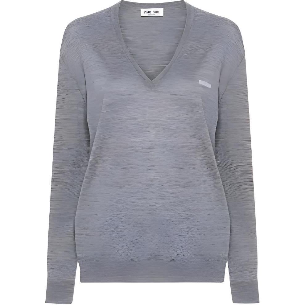 (Women) MIU MIU SS24  Grey V-Neck Wool Sweater with Logo Embroidery MML931-14VT-F0031-S-OOO
