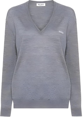 (W) MIU MIU SS24 灰色V领羊毛针织衫带logo刺绣 MML931-14VT-F0031-S-OOO Buy (W) MIU MIU SS24 灰色V领羊毛针织衫带logo刺绣 MML931-14VT-F0031-S-OOO