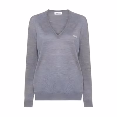 (Women) MIU MIU SS24 Grey V-Neck Wool Sweater with Logo Embroidery MML931-14VT-F0031-S-OOO
