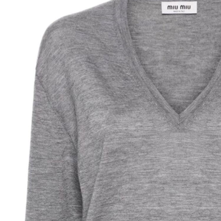 Sizing (W) MIU MIU SS24 灰色V领羊毛针织衫带logo刺绣 MML931-14VT-F0031-S-OOO