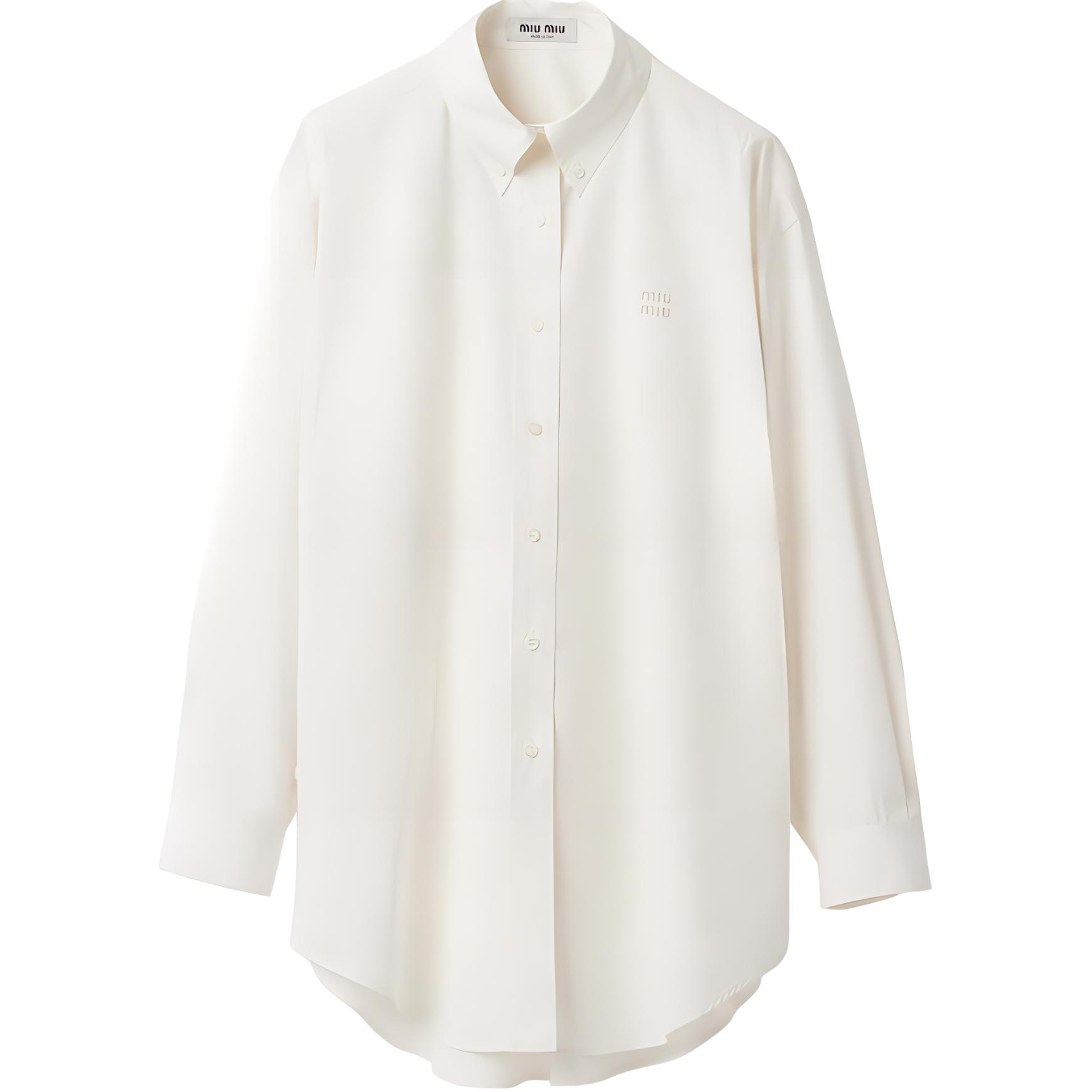 (Women) MIU MIU SS24  Ivory Long-Sleeve Shirt with Embroidered Logo and Pointed Collar MK1626-10RG-F0304-S-OOO
