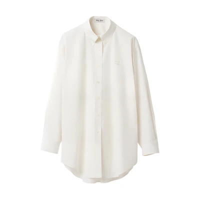 (Women) MIU MIU SS24 Ivory Long-Sleeve Shirt with Embroidered Logo and Pointed Collar MK1626-10RG-F0304-S-OOO
