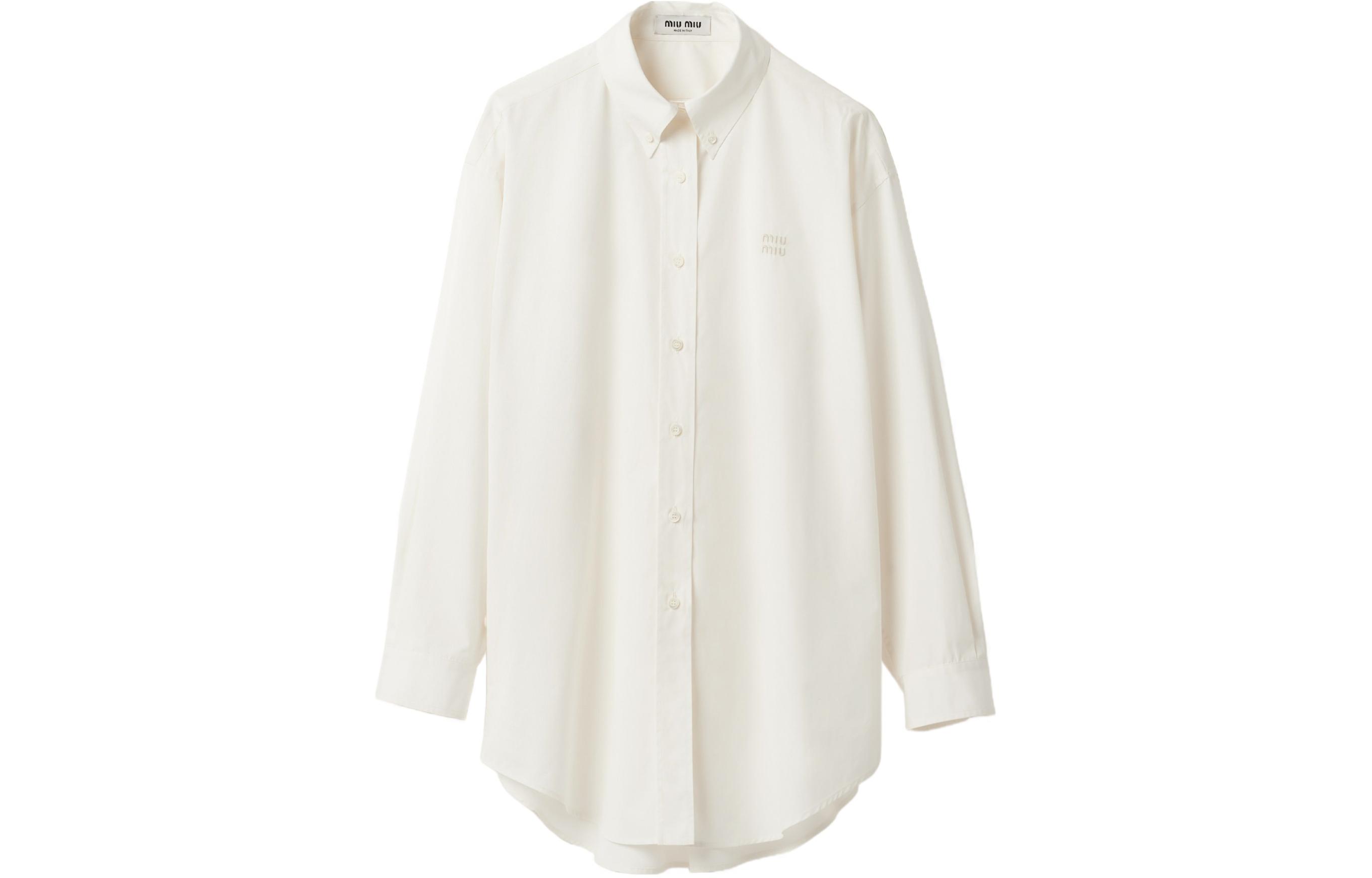 Order (W) MIU MIU SS24 Baju Lengan Panjang Ivory dengan Logo Sulam dan Kolar Tajam MK1626-10RG-F0304-S-OOO