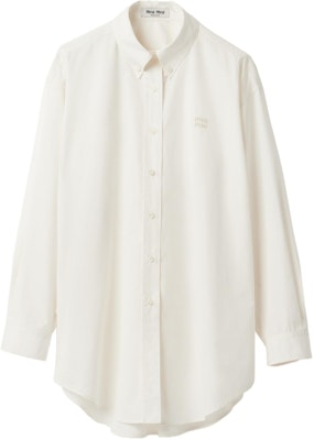 (W) MIU MIU SS24 Baju Lengan Panjang Ivory dengan Logo Sulam dan Kolar Tajam MK1626-10RG-F0304-S-OOO Order (W) MIU MIU SS24 Baju Lengan Panjang Ivory dengan Logo Sulam dan Kolar Tajam MK1626-10RG-F0304-S-OOO