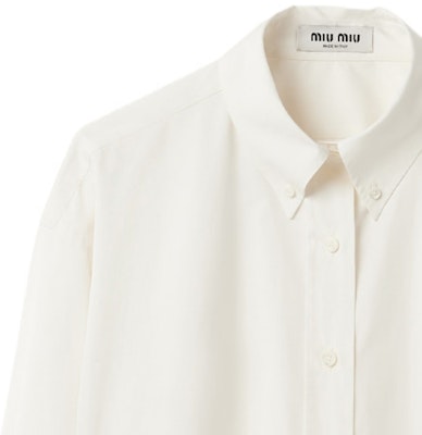 (W) MIU MIU SS24 Baju Lengan Panjang Ivory dengan Logo Sulam dan Kolar Tajam MK1626-10RG-F0304-S-OOO Details for (W) MIU MIU SS24 Baju Lengan Panjang Ivory dengan Logo Sulam dan Kolar Tajam MK1626-10RG-F0304-S-OOO