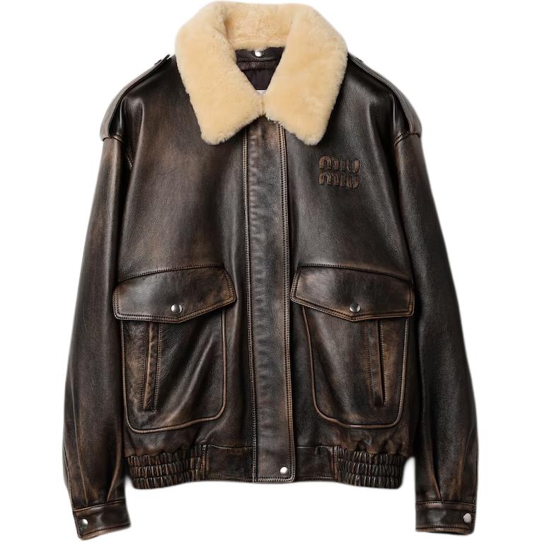 (Women) MIU MIU SS24  Letter Print Zipper Pilot Leather Jacket in Coffee Brown. MPV901-1134-F0201-S-OOO