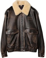 (Women) MIU MIU SS24 Letter Print Zipper Pilot Leather Jacket in Coffee Brown. MPV901-1134-F0201-S-OOO (Women) MIU MIU SS24 Letter Print Zipper Pilot Leather Jacket in Coffee Brown. MPV901-1134-F0201-S-OOO