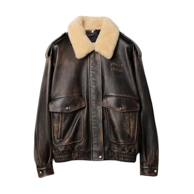 (Women) MIU MIU SS24 Letter Print Zipper Pilot Leather Jacket in Coffee Brown. MPV901-1134-F0201-S-OOO