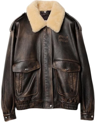 (Women) MIU MIU SS24 Letter Print Zipper Pilot Leather Jacket in Coffee Brown. MPV901-1134-F0201-S-OOO Order (Women) MIU MIU SS24 Letter Print Zipper Pilot Leather Jacket in Coffee Brown. MPV901-1134-F0201-S-OOO