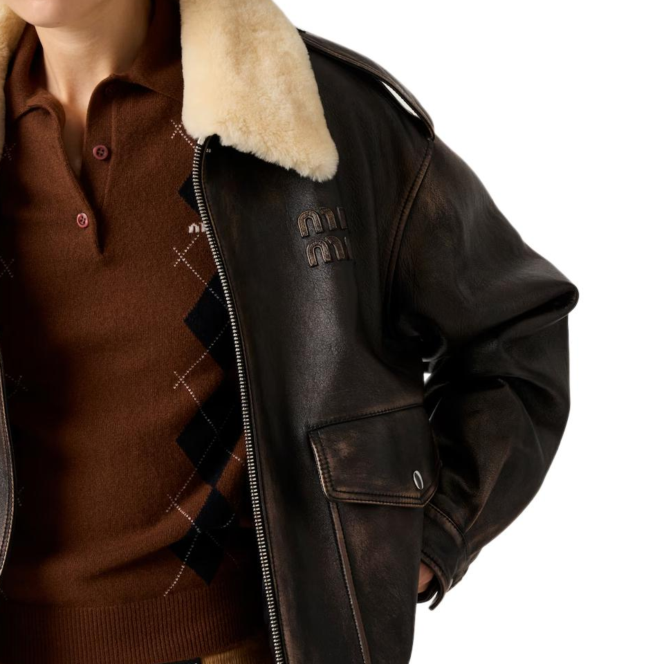 Purchase (Women) MIU MIU SS24  Letter Print Zipper Pilot Leather Jacket in Coffee Brown. MPV901-1134-F0201-S-OOO