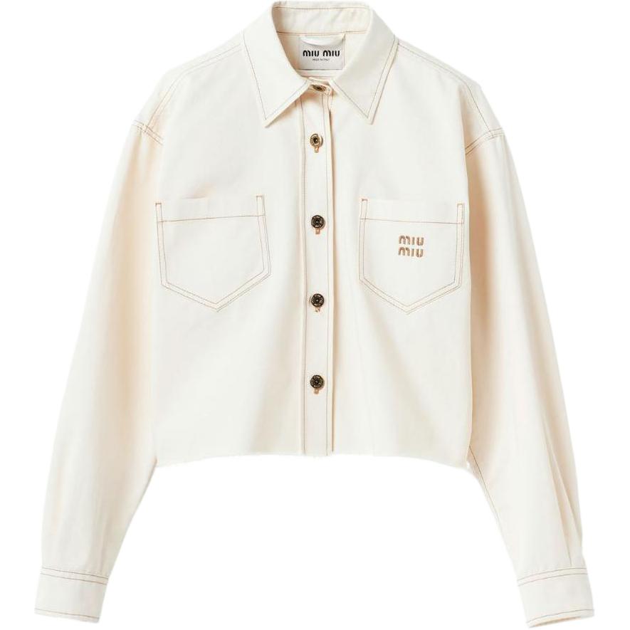 (Women) MIU MIU SS24  Light Beige Denim Jacket with Logo Embroidery. GWB188-13WH-F0018-S-OOO