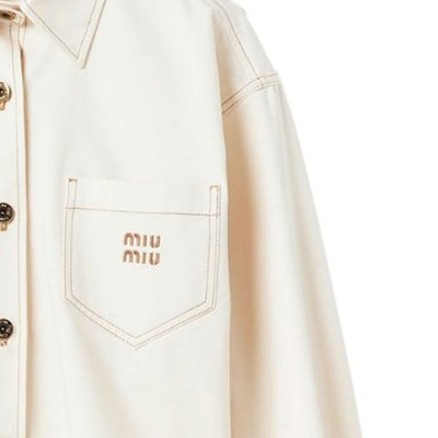 (Women) MIU MIU SS24 Light Beige Denim Jacket with Logo Embroidery. GWB188-13WH-F0018-S-OOO Details for (Women) MIU MIU SS24 Light Beige Denim Jacket with Logo Embroidery. GWB188-13WH-F0018-S-OOO