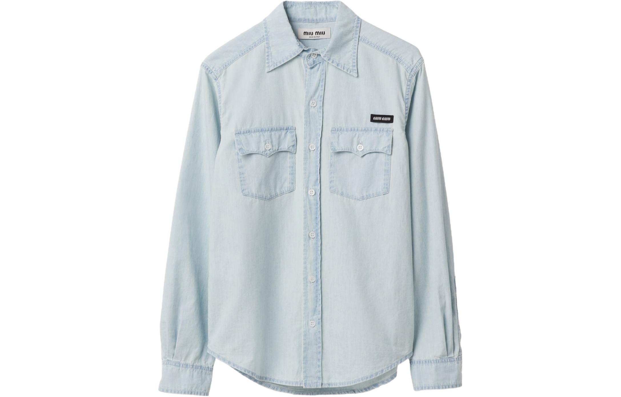 (Women) MIU MIU SS24  Logo Button-Up Casual Long-Sleeve Shirt Light Blue GWC115-14UT-F0076-S-OOO