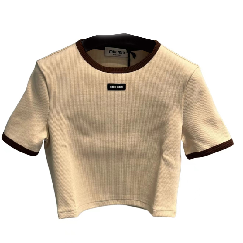 (Women) MIU MIU SS24  Logo Crop T-Shirt Cream Beige Short Sleeve Top. MJN847-13VD-F0018-S-232