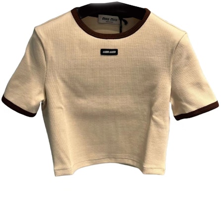 (W) MIU MIU SS24 徽標短版T恤 米白色短袖上衣 MJN847-13VD-F0018-S-232 Buy (W) MIU MIU SS24 徽標短版T恤 米白色短袖上衣 MJN847-13VD-F0018-S-232