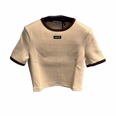 (Women) MIU MIU SS24 Logo Crop T-Shirt Cream Beige Short Sleeve Top. MJN847-13VD-F0018-S-232