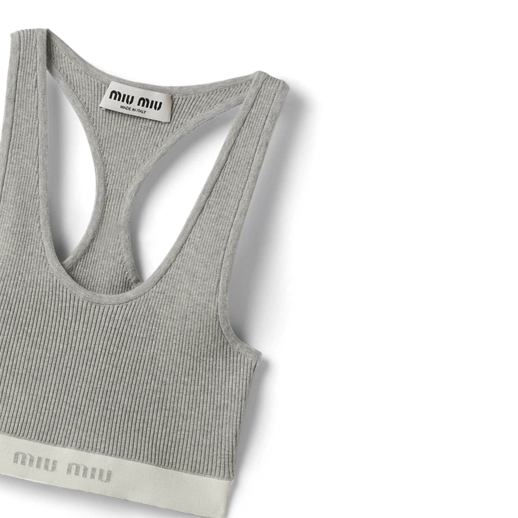 Shop (W) MIU MIU SS24 Logo Sulaman Crop Tank Top Kelabu Muda MMV162-14HI-F00A3-S-OOO