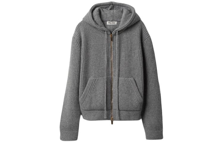 (Women) MIU MIU SS24  Marble Gray Knit Hoodie with Logo Embroidery. MMF830-14E7-F0K44-S-OOO