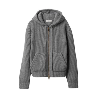(Women) MIU MIU SS24 Marble Gray Knit Hoodie with Logo Embroidery. MMF830-14E7-F0K44-S-OOO