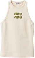 (Women) MIU MIU SS24 Natural Sleeveless Knit Vest with Letter Intarsia Design. MJT678-14AS-F066V-S-OOO (Women) MIU MIU SS24 Natural Sleeveless Knit Vest with Letter Intarsia Design. MJT678-14AS-F066V-S-OOO