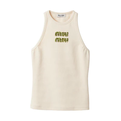 (Women) MIU MIU SS24 Natural Sleeveless Knit Vest with Letter Intarsia Design. MJT678-14AS-F066V-S-OOO