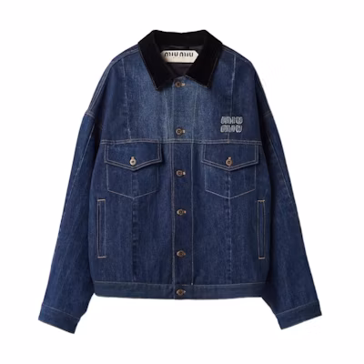 (Women) MIU MIU SS24 Navy Blue Denim Jacket with Letter Embroidery. GWB191-121P-F0008-S-OOO