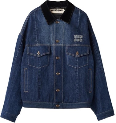 (W) ミュウミュウ SS24 ネイビーブルーデニムジャケット レター刺繍入り. GWB191-121P-F0008-S-OOO Order (W) ミュウミュウ SS24 ネイビーブルーデニムジャケット レター刺繍入り. GWB191-121P-F0008-S-OOO