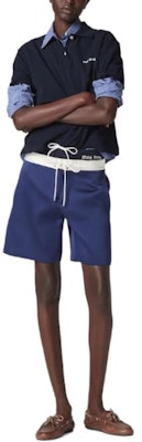 (Women) MIU MIU SS24 Navy Blue Logo Drawstring Waist Casual Shorts. MP1788-14N6-F0W99-S-OOO Lookbook (Women) MIU MIU SS24 Navy Blue Logo Drawstring Waist Casual Shorts. MP1788-14N6-F0W99-S-OOO