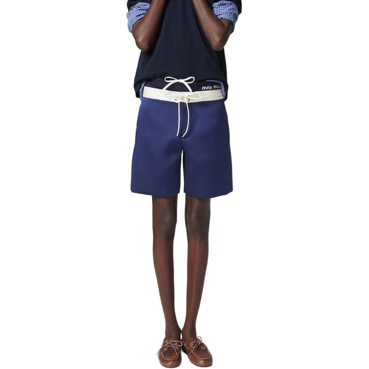Shop (Women) MIU MIU SS24  Navy Blue Logo Drawstring Waist Casual Shorts. MP1788-14N6-F0W99-S-OOO
