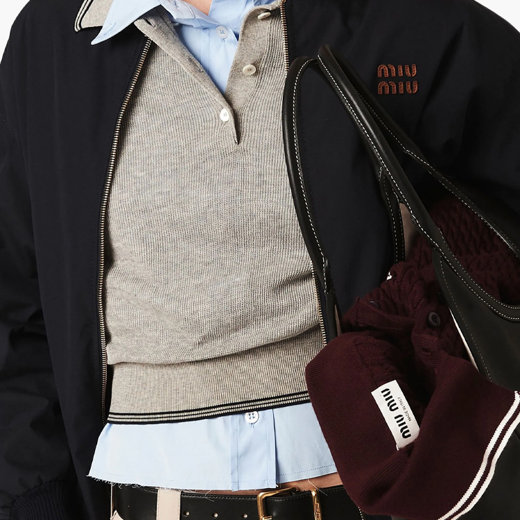 Lookbook (Women) MIU MIU SS24  Navy Blue Logo Patch Zipper Loose-Fit Bomber Jacket. ML1051-12NS-F0008-S-OOO