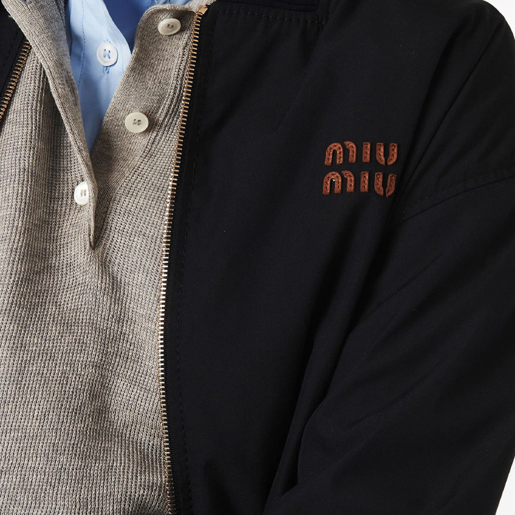 Purchase (Women) MIU MIU SS24  Navy Blue Logo Patch Zipper Loose-Fit Bomber Jacket. ML1051-12NS-F0008-S-OOO