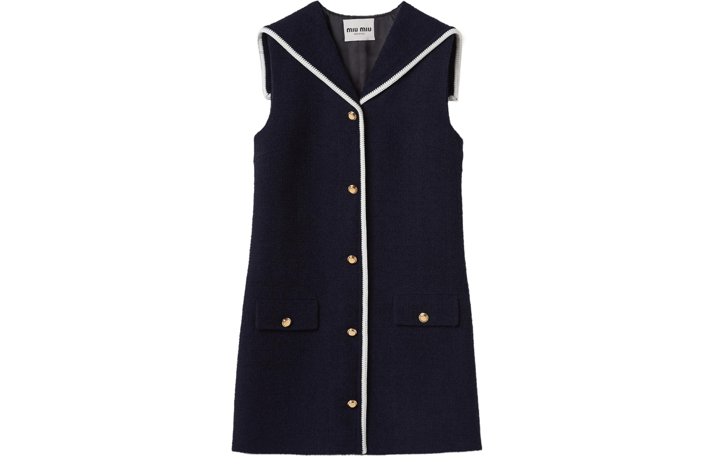 (Women) MIU MIU SS24  Navy Blue Sleeveless Contrast Trim Short Button Dress MF5260-13RL-F0008-S-OOO