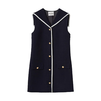 (Women) MIU MIU SS24 Navy Blue Sleeveless Contrast Trim Short Button Dress MF5260-13RL-F0008-S-OOO