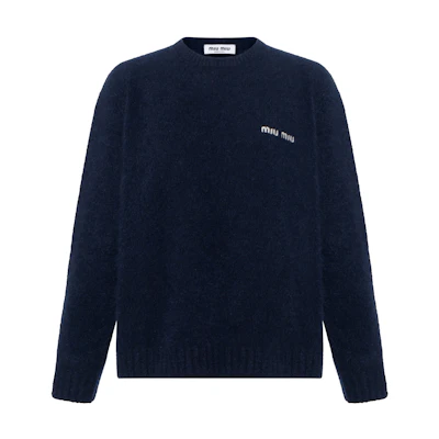 (Women) MIU MIU SS24 Navy Pullover Knit Sweater with Logo Embroidery. MML965-14MW-F0008-S-OOO