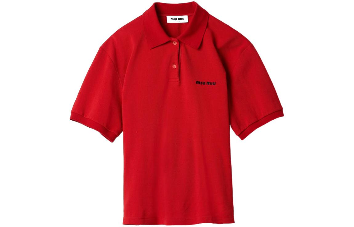 (Women) MIU MIU SS24  Red Embroidered Logo Short-Sleeve Polo Shirt. MJN535-14RW-F0011-S-OOO