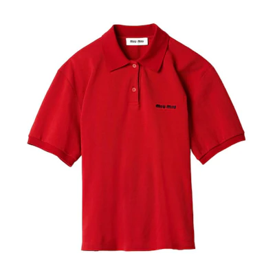 (Women) MIU MIU SS24 Red Embroidered Logo Short-Sleeve Polo Shirt. MJN535-14RW-F0011-S-OOO