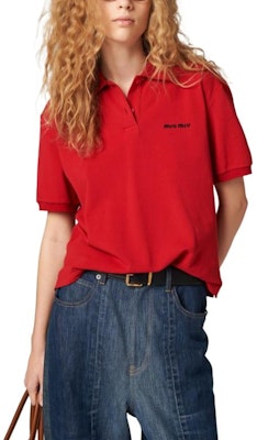 (W) MIU MIU SS24 Baju Polo Lengan Pendek Merah Bersulam Logo. MJN535-14RW-F0011-S-OOO Lookbook (W) MIU MIU SS24 Baju Polo Lengan Pendek Merah Bersulam Logo. MJN535-14RW-F0011-S-OOO