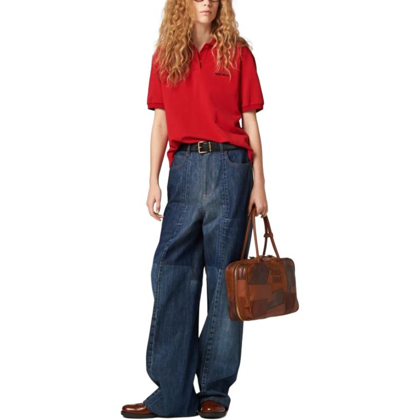 Shop (W) MIU MIU SS24 Baju Polo Lengan Pendek Merah Bersulam Logo. MJN535-14RW-F0011-S-OOO