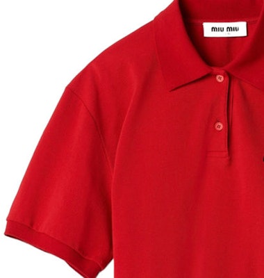 (W) MIU MIU SS24 Baju Polo Lengan Pendek Merah Bersulam Logo. MJN535-14RW-F0011-S-OOO Details for (W) MIU MIU SS24 Baju Polo Lengan Pendek Merah Bersulam Logo. MJN535-14RW-F0011-S-OOO