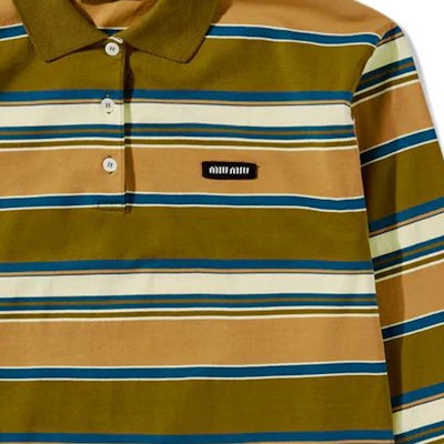 (W) MIU MIU SS24 Baju Polo Jalur Kolar Panjang Lengan Hijau. MJL015-14RT-F03SO Details for (W) MIU MIU SS24 Baju Polo Jalur Kolar Panjang Lengan Hijau. MJL015-14RT-F03SO