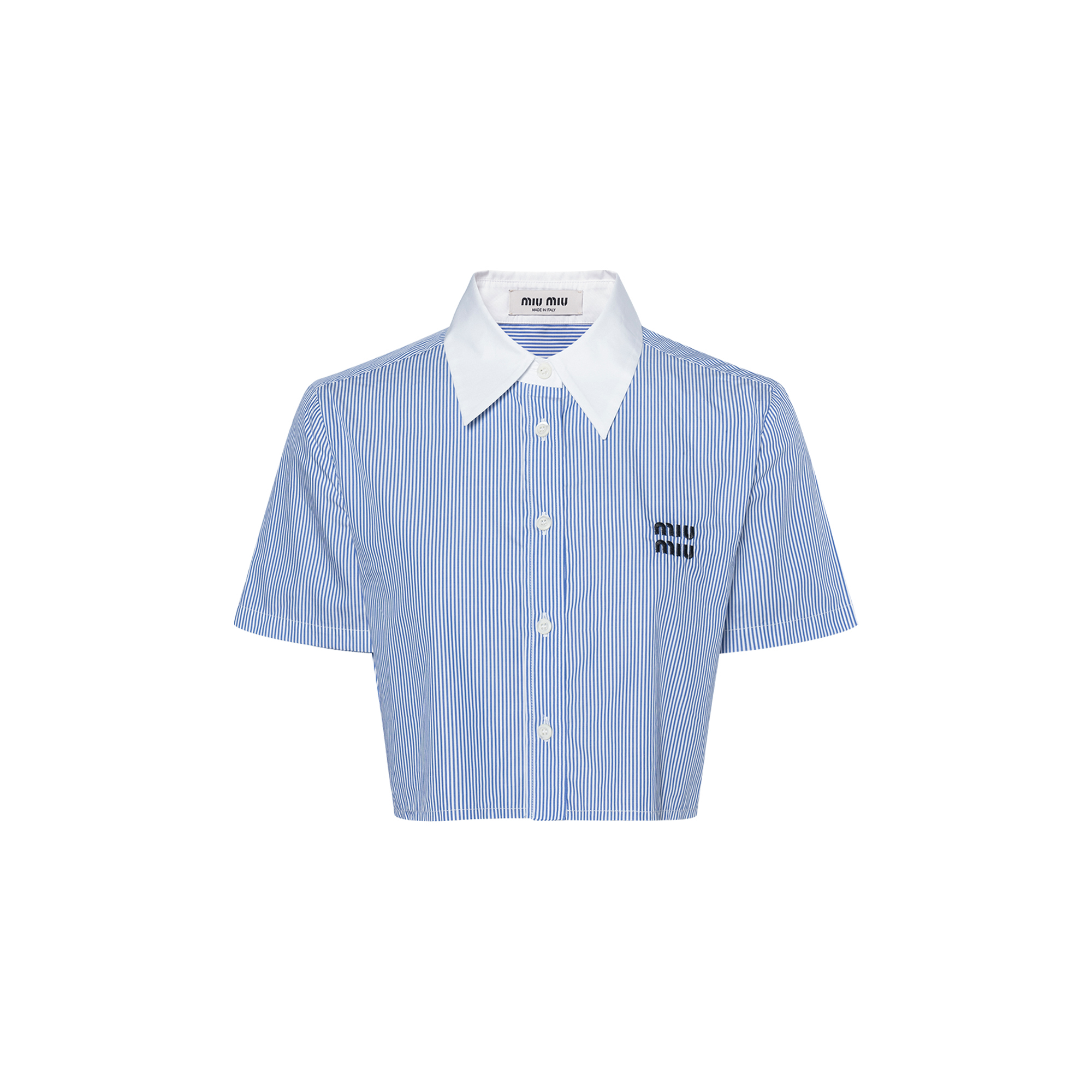 (Women) MIU MIU SS24  Striped Logo Embroidered Short Sleeve Shirt Blue MK1832-139C-F0X75-S-OOO