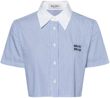(Women) MIU MIU SS24 Striped Logo Embroidered Short Sleeve Shirt Blue MK1832-139C-F0X75-S-OOO (Women) MIU MIU SS24 Striped Logo Embroidered Short Sleeve Shirt Blue MK1832-139C-F0X75-S-OOO