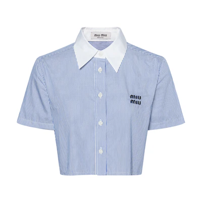 (Women) MIU MIU SS24 Striped Logo Embroidered Short Sleeve Shirt Blue MK1832-139C-F0X75-S-OOO