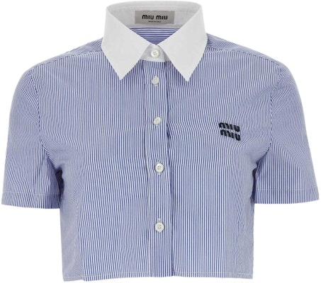 (W) MIU MIU SS24 Baju Berjalur Logo Sulaman Lengan Pendek Biru MK1832-139C-F0X75-S-OOO Order (W) MIU MIU SS24 Baju Berjalur Logo Sulaman Lengan Pendek Biru MK1832-139C-F0X75-S-OOO